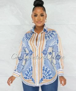 Chic Couture Online Carter Baby Blue Print Buttoned Semi-Sheer Blouse JUST IN