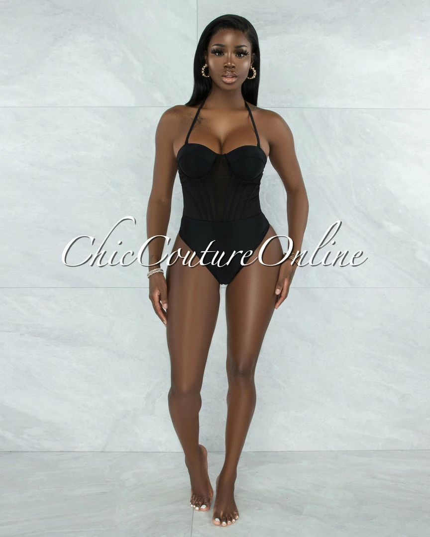 Vendor-unknown JUST IN Madrid Black Padded Cups Swimsuit W Mesh Pareo