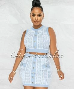 Vendor-unknown Melodie Baby Blue White Fret Gold Buttons Two Piece Set JUST IN