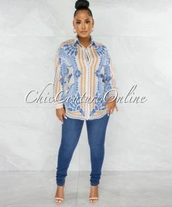 Chic Couture Online Carter Baby Blue Print Buttoned Semi-Sheer Blouse JUST IN