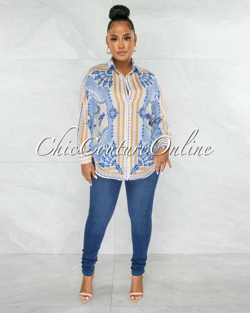 Chic Couture Online Carter Baby Blue Print Buttoned Semi-Sheer Blouse JUST IN