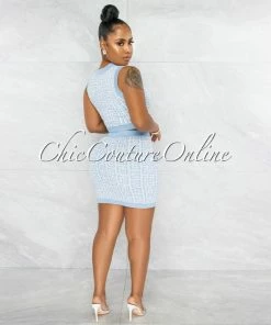 Vendor-unknown Melodie Baby Blue White Fret Gold Buttons Two Piece Set JUST IN