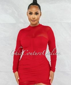 Chic Couture Online Yalina Red Mesh Ruched Padded Cups Dress JUST IN
