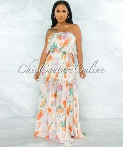 Chic Couture Online Cinco Nude Lilac Print Print Overlay Ruffle Maxi Dress