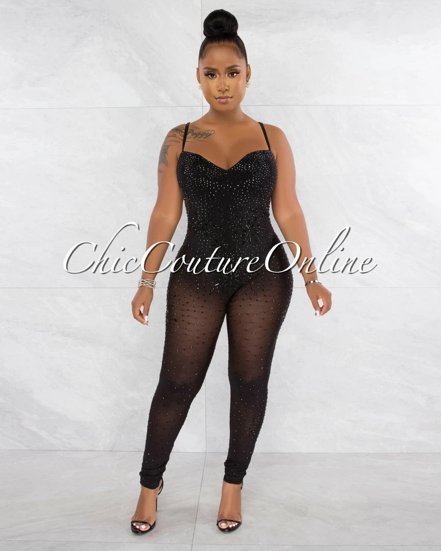 Chic Couture Online Ontario Black Rhinestones Sheer Bodysuit Jumpsuit