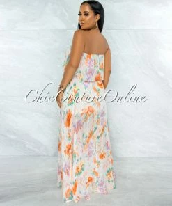Chic Couture Online Cinco Nude Lilac Print Print Overlay Ruffle Maxi Dress