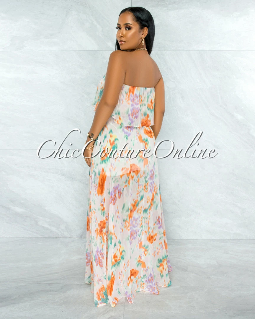 Chic Couture Online Cinco Nude Lilac Print Print Overlay Ruffle Maxi Dress