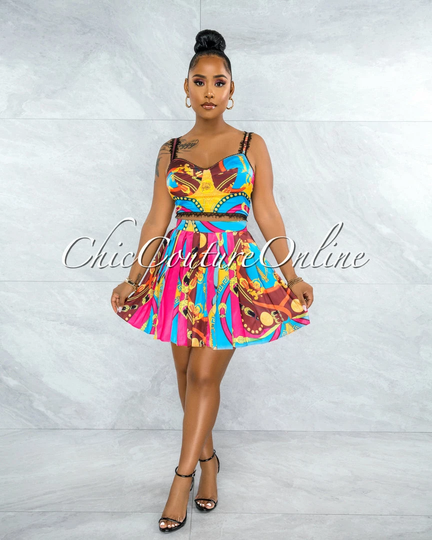 Vendor-unknown Keidy Fuchsia Multi-Color Print Two Piece Skirt Set