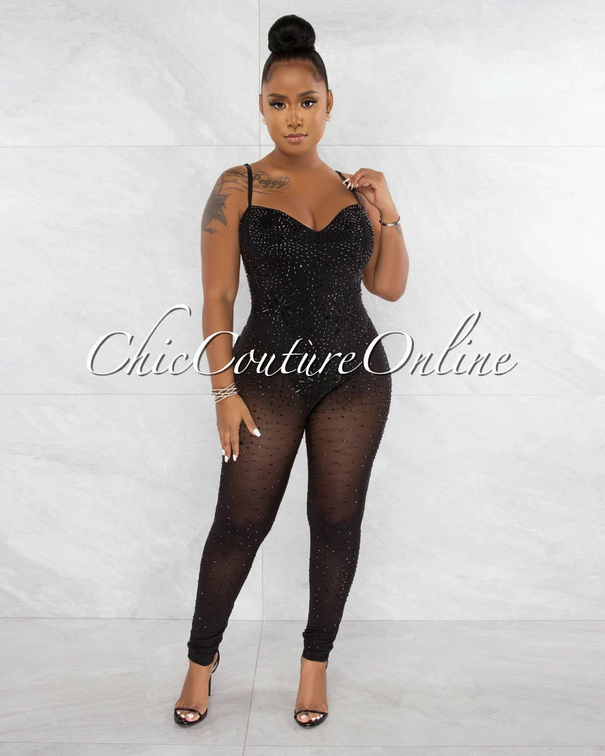 Chic Couture Online Ontario Black Rhinestones Sheer Bodysuit Jumpsuit