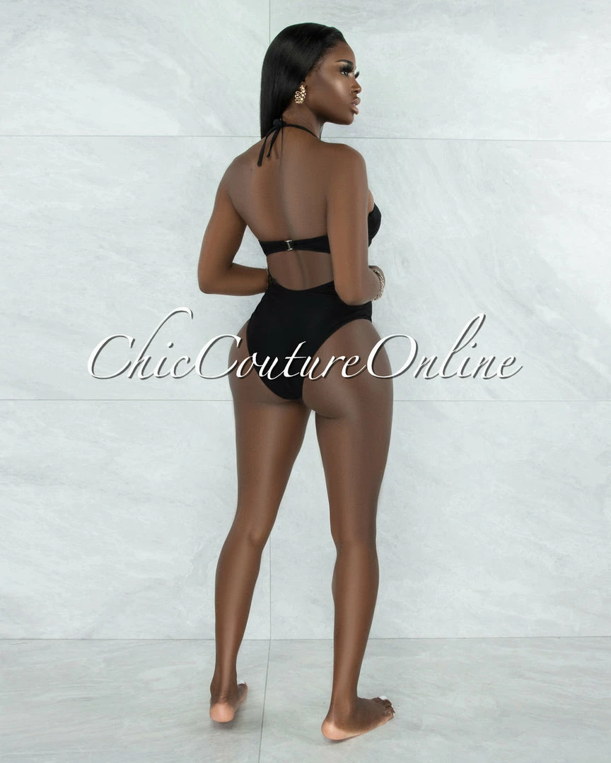 Vendor-unknown JUST IN Madrid Black Padded Cups Swimsuit W Mesh Pareo