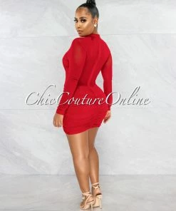 Chic Couture Online Yalina Red Mesh Ruched Padded Cups Dress JUST IN