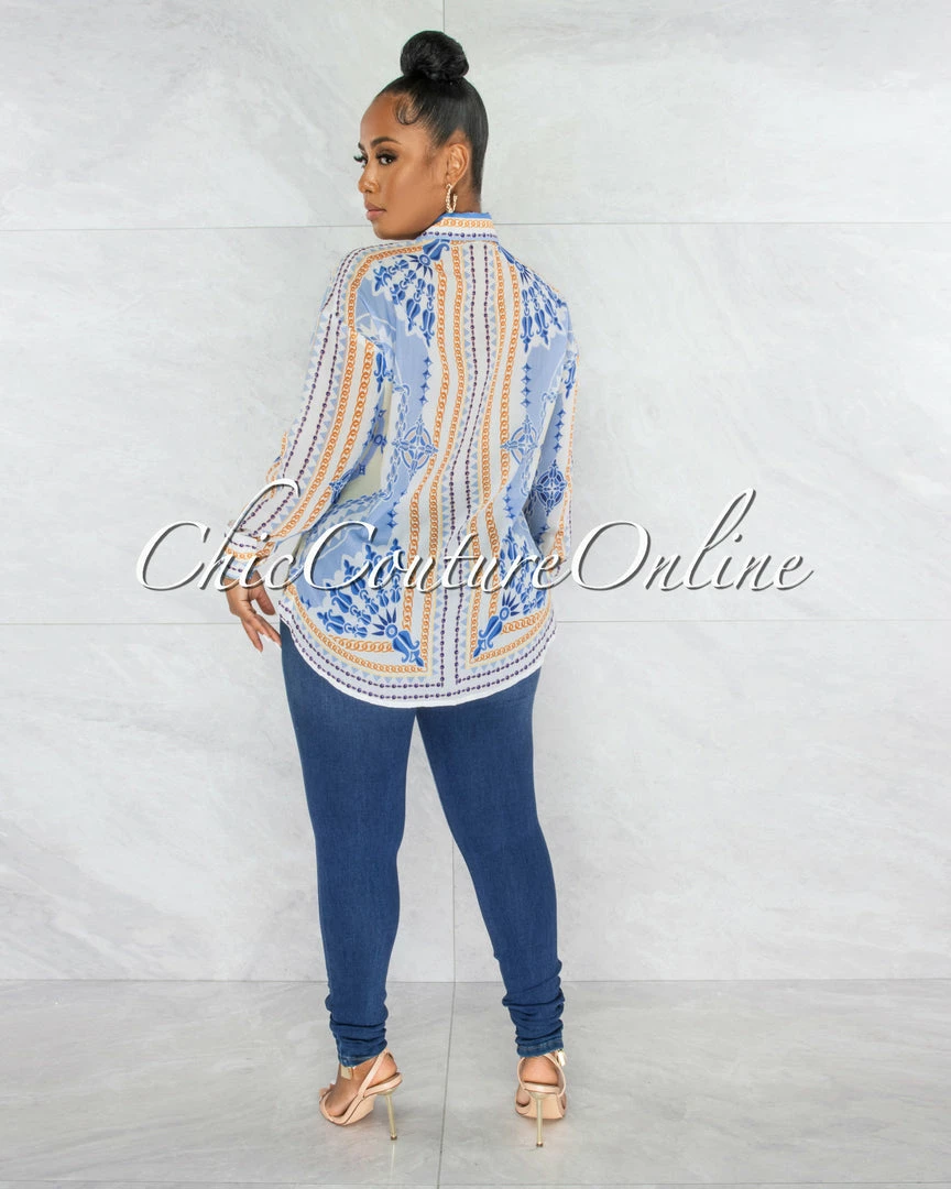 Chic Couture Online Carter Baby Blue Print Buttoned Semi-Sheer Blouse JUST IN
