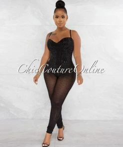 Chic Couture Online Ontario Black Rhinestones Sheer Bodysuit Jumpsuit