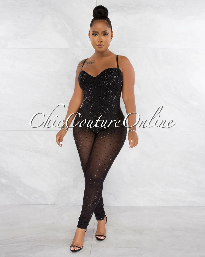 Chic Couture Online Ontario Black Rhinestones Sheer Bodysuit Jumpsuit