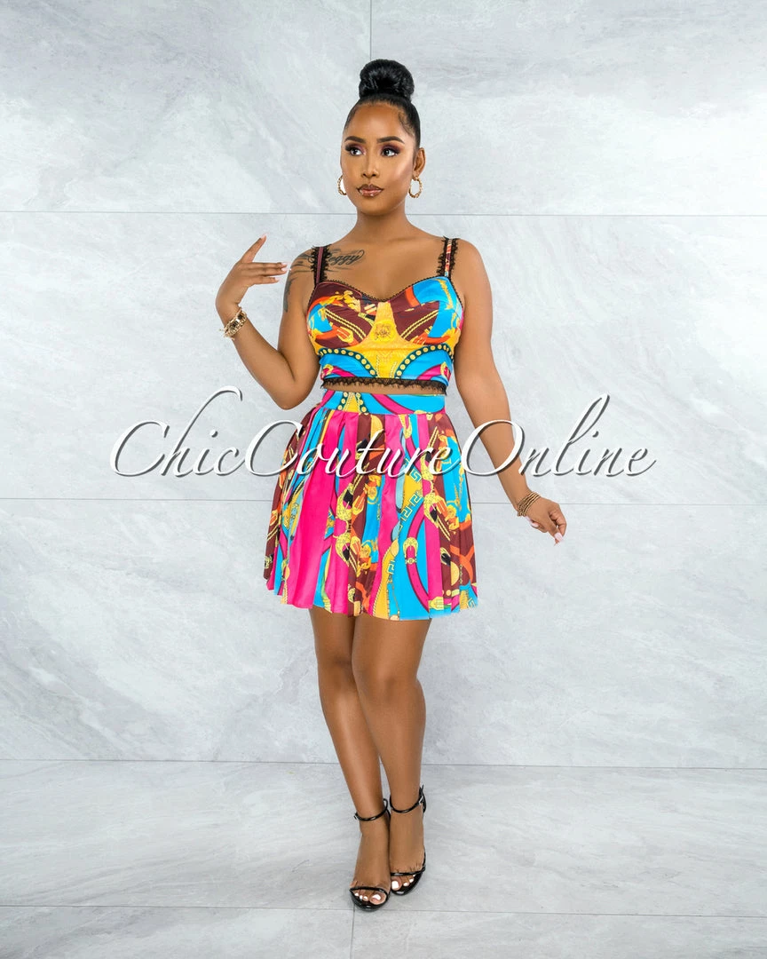 Vendor-unknown Keidy Fuchsia Multi-Color Print Two Piece Skirt Set