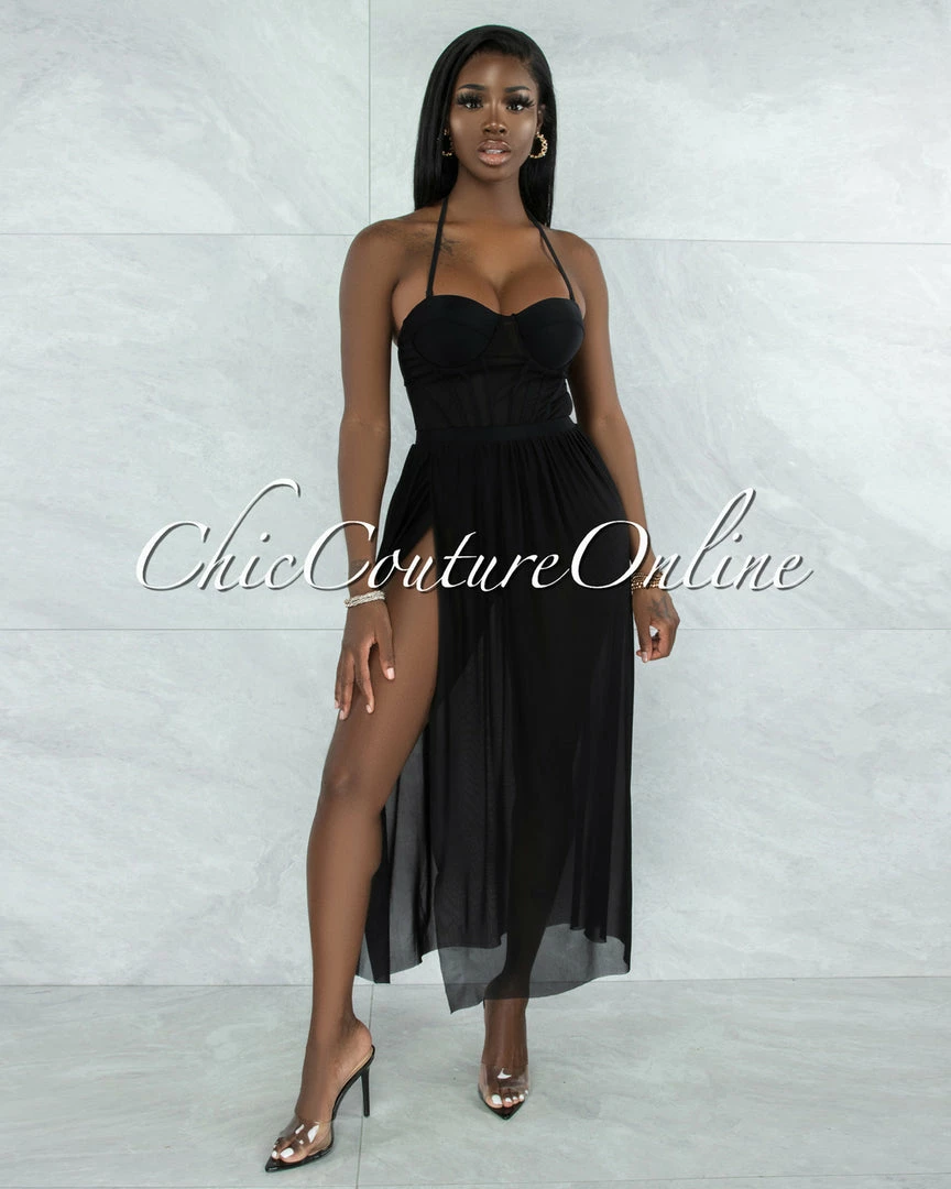 Vendor-unknown JUST IN Madrid Black Padded Cups Swimsuit W Mesh Pareo