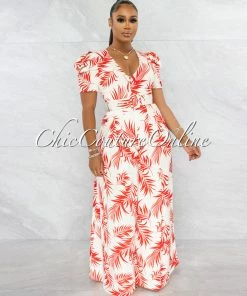 Vendor-unknown JUST IN Octavio Cream Red Print Belt Jumpsuit