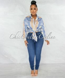 Chic Couture Online Carter Baby Blue Print Buttoned Semi-Sheer Blouse JUST IN