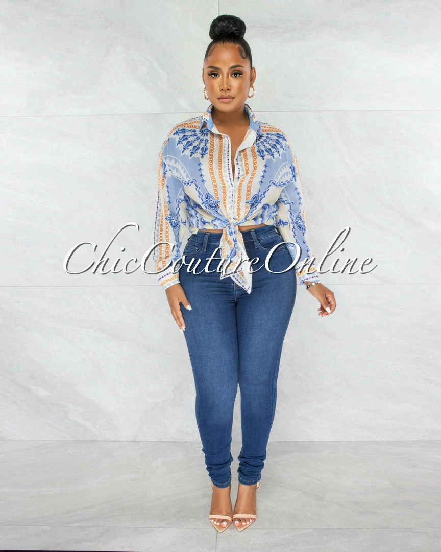Chic Couture Online Carter Baby Blue Print Buttoned Semi-Sheer Blouse JUST IN