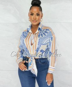 Chic Couture Online Carter Baby Blue Print Buttoned Semi-Sheer Blouse JUST IN