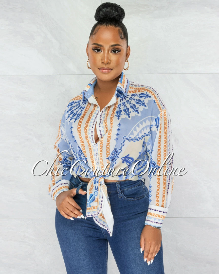 Chic Couture Online Carter Baby Blue Print Buttoned Semi-Sheer Blouse JUST IN