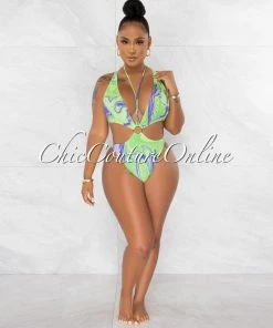 Chic Couture Online JUST IN Island Green Retro Print O-Ring Deep V Swimsuit