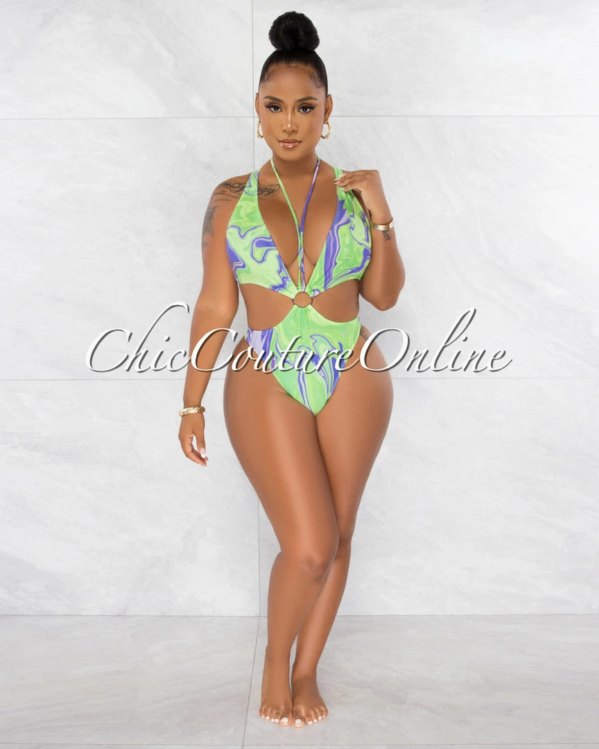 Chic Couture Online JUST IN Island Green Retro Print O-Ring Deep V Swimsuit