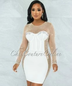 Vendor-unknown Marlene Off-White Nude Iridescent Rhinestones Accents Dress JUST IN