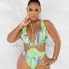 Chic Couture Online JUST IN Island Green Retro Print O-Ring Deep V Swimsuit