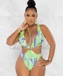 Chic Couture Online JUST IN Island Green Retro Print O-Ring Deep V Swimsuit