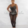 Chic Couture Online Ontario Silver Black Rhinestones Sheer Bodysuit Jumpsuit JUST IN