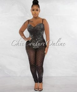 Chic Couture Online Ontario Silver Black Rhinestones Sheer Bodysuit Jumpsuit JUST IN
