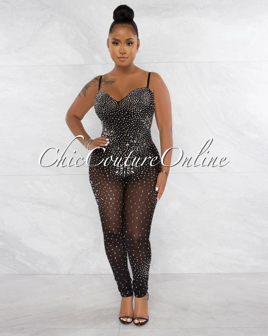 Chic Couture Online Ontario Silver Black Rhinestones Sheer Bodysuit Jumpsuit JUST IN