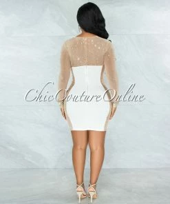 Vendor-unknown Marlene Off-White Nude Iridescent Rhinestones Accents Dress JUST IN
