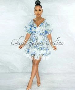 Vendor-unknown JUST IN Bahia White Blue Floral Embroidery Ruffle Skater Dress