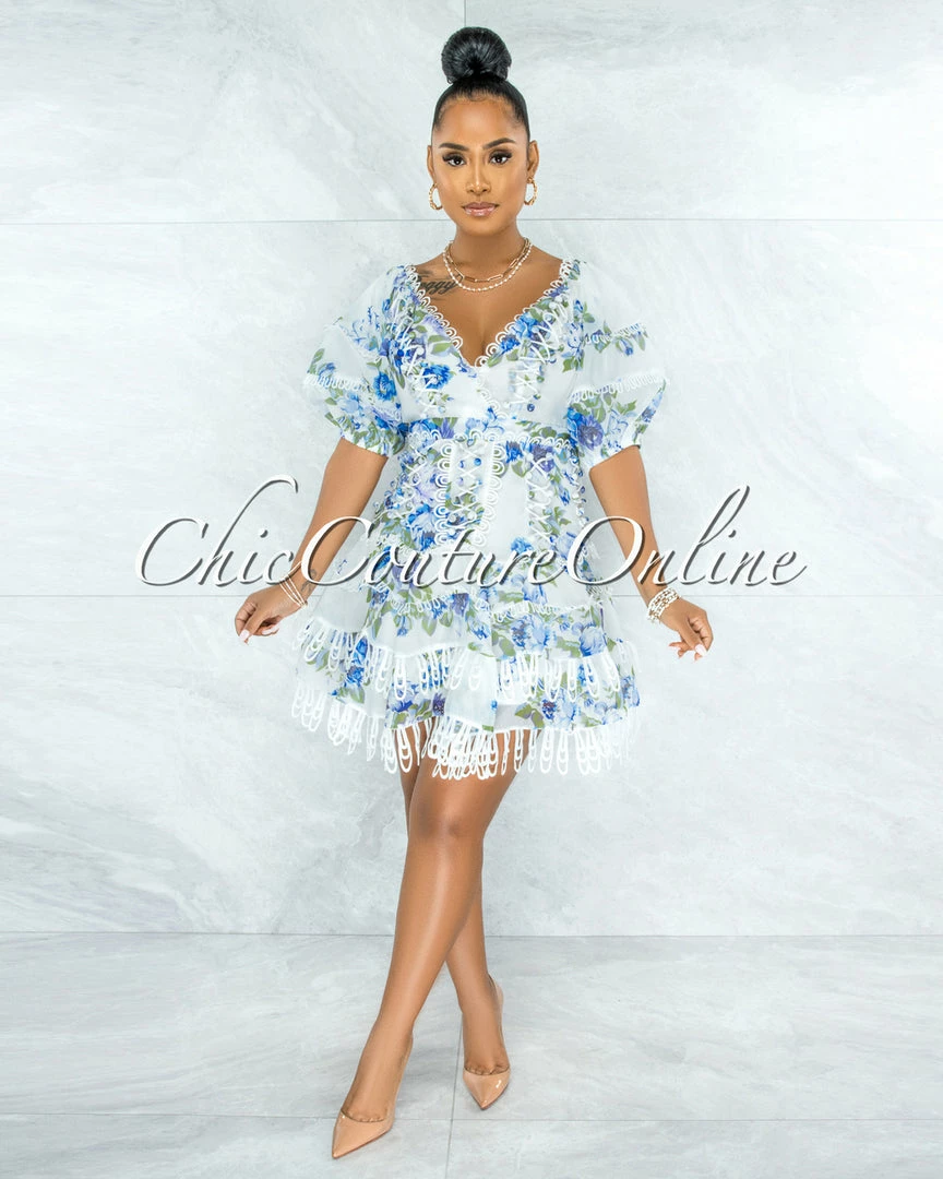 Vendor-unknown JUST IN Bahia White Blue Floral Embroidery Ruffle Skater Dress