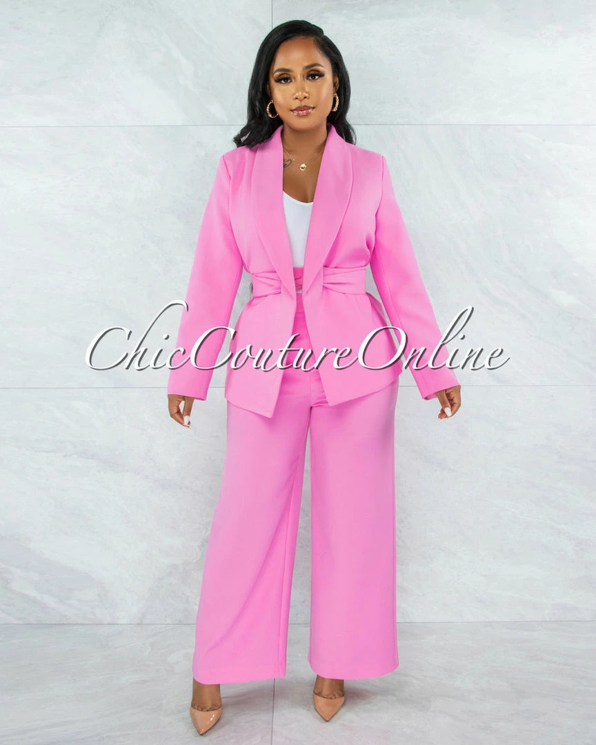 Vendor-unknown JUST IN Tahsi Bubblegum Pink Belted Blazer & Pants Set