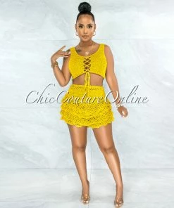 Vendor-unknown Leary Yellow Crochet Cover-Up Ruffle Skort Set JUST IN