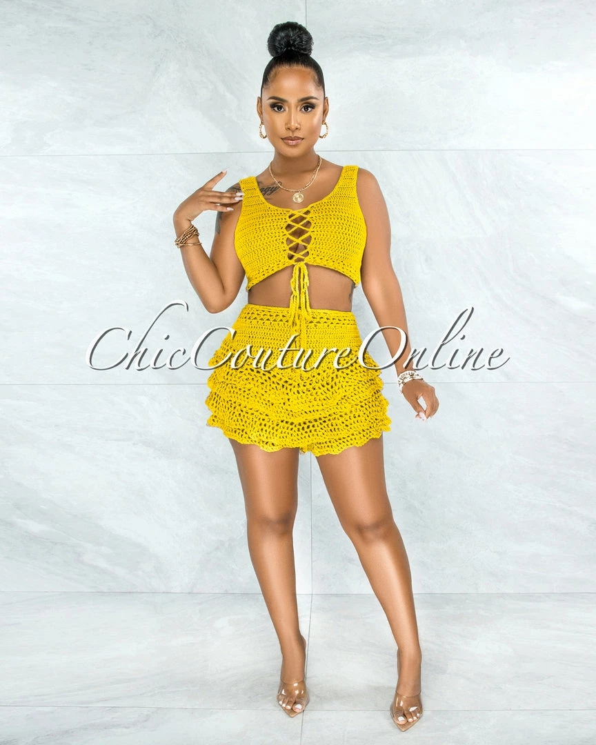 Vendor-unknown Leary Yellow Crochet Cover-Up Ruffle Skort Set JUST IN