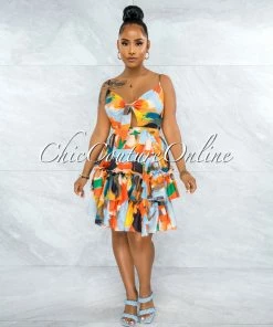 Vendor-unknown JUST IN Paiva Orange Baby Blue Multi-Color Print Front Tie Dress