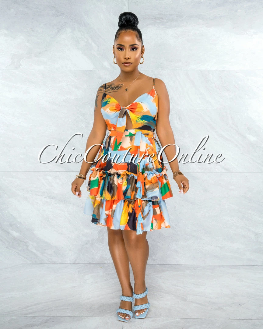 Vendor-unknown JUST IN Paiva Orange Baby Blue Multi-Color Print Front Tie Dress