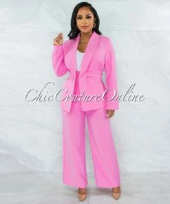 Vendor-unknown JUST IN Tahsi Bubblegum Pink Belted Blazer & Pants Set