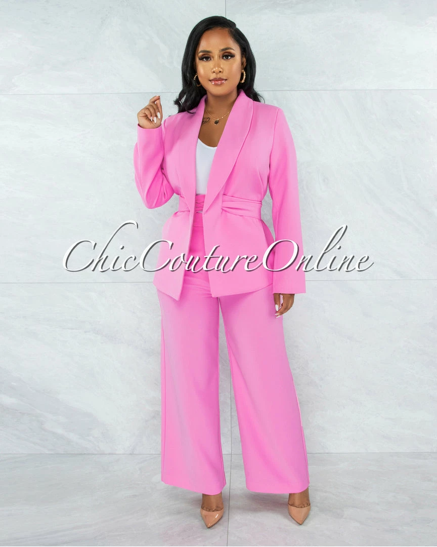 Vendor-unknown JUST IN Tahsi Bubblegum Pink Belted Blazer & Pants Set