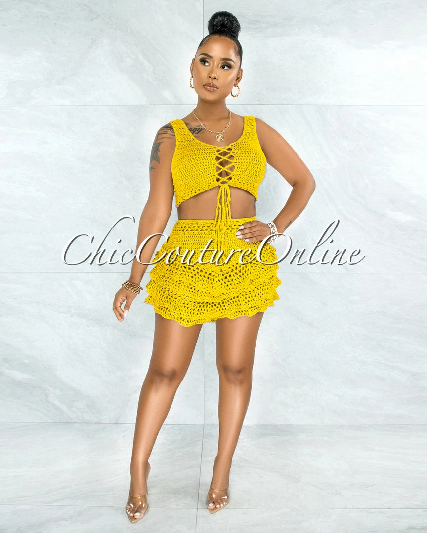 Vendor-unknown Leary Yellow Crochet Cover-Up Ruffle Skort Set JUST IN