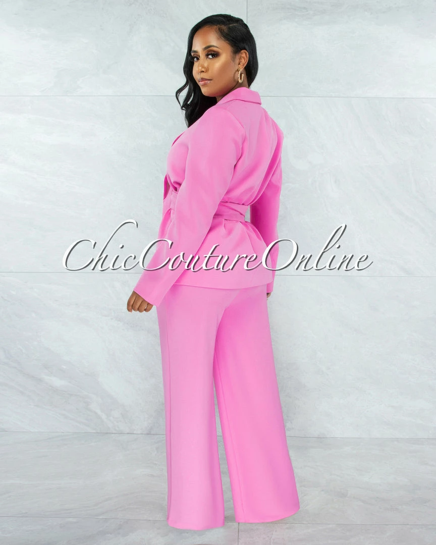 Vendor-unknown JUST IN Tahsi Bubblegum Pink Belted Blazer & Pants Set