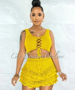 Vendor-unknown Leary Yellow Crochet Cover-Up Ruffle Skort Set JUST IN