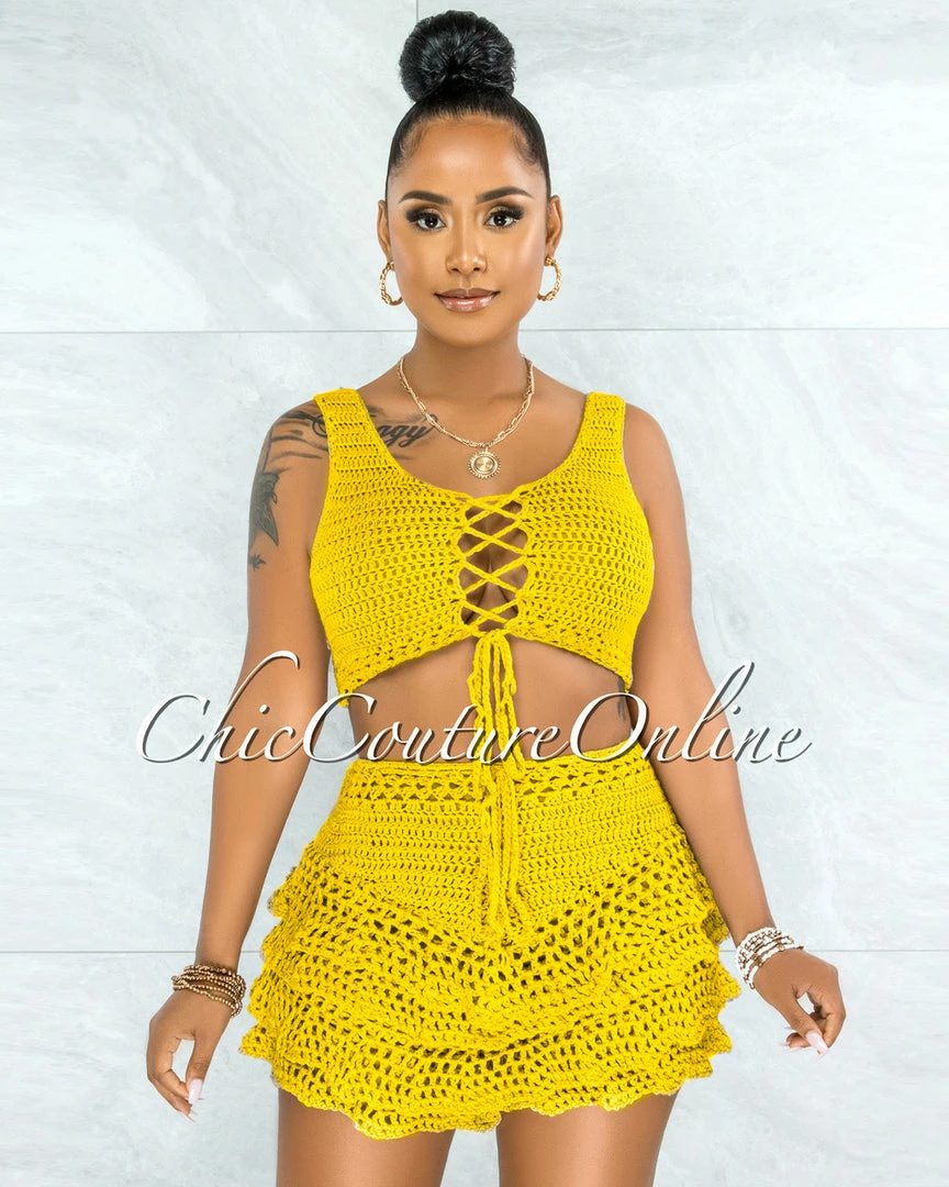 Vendor-unknown Leary Yellow Crochet Cover-Up Ruffle Skort Set JUST IN