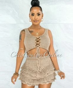 Vendor-unknown Leary Beige Crochet Cover-Up Ruffle Skort Set