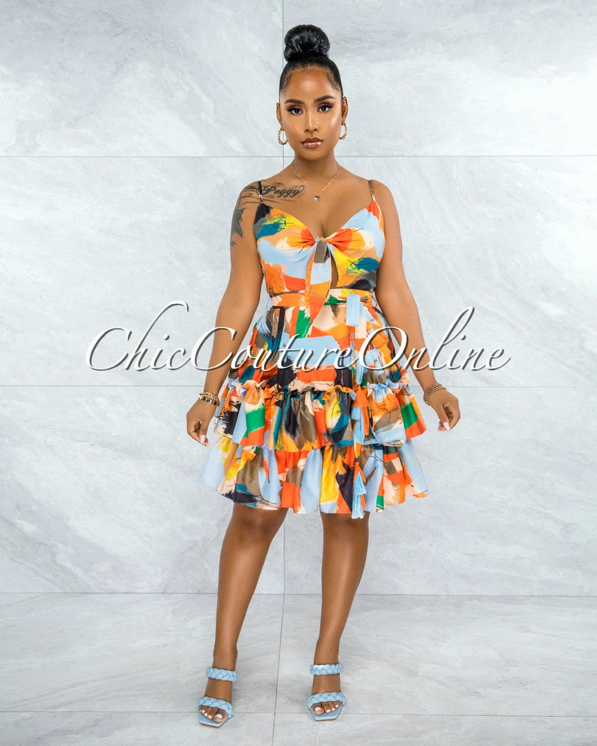 Vendor-unknown JUST IN Paiva Orange Baby Blue Multi-Color Print Front Tie Dress