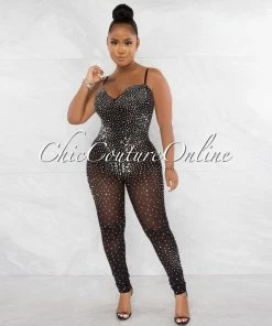 Chic Couture Online Ontario Silver Black Rhinestones Sheer Bodysuit Jumpsuit JUST IN